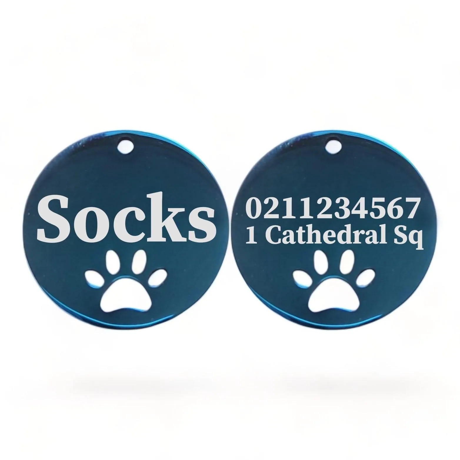 Name Front & 1 Number Address Back Round Paw Print | Mirror Stainless | Cat & Dog ID Pet Tag