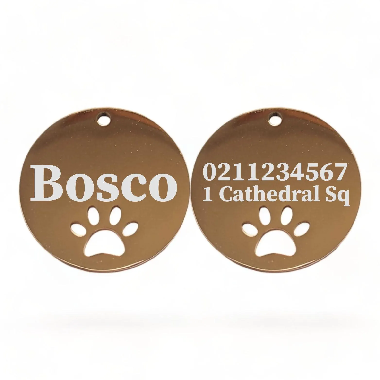 Name Front & 1 Number Address Back Round Paw Print | Mirror Stainless | Cat & Dog ID Pet Tag