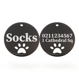 Name Front & 1 Number Address Back Round Paw Print | Mirror Stainless | Cat & Dog ID Pet Tag