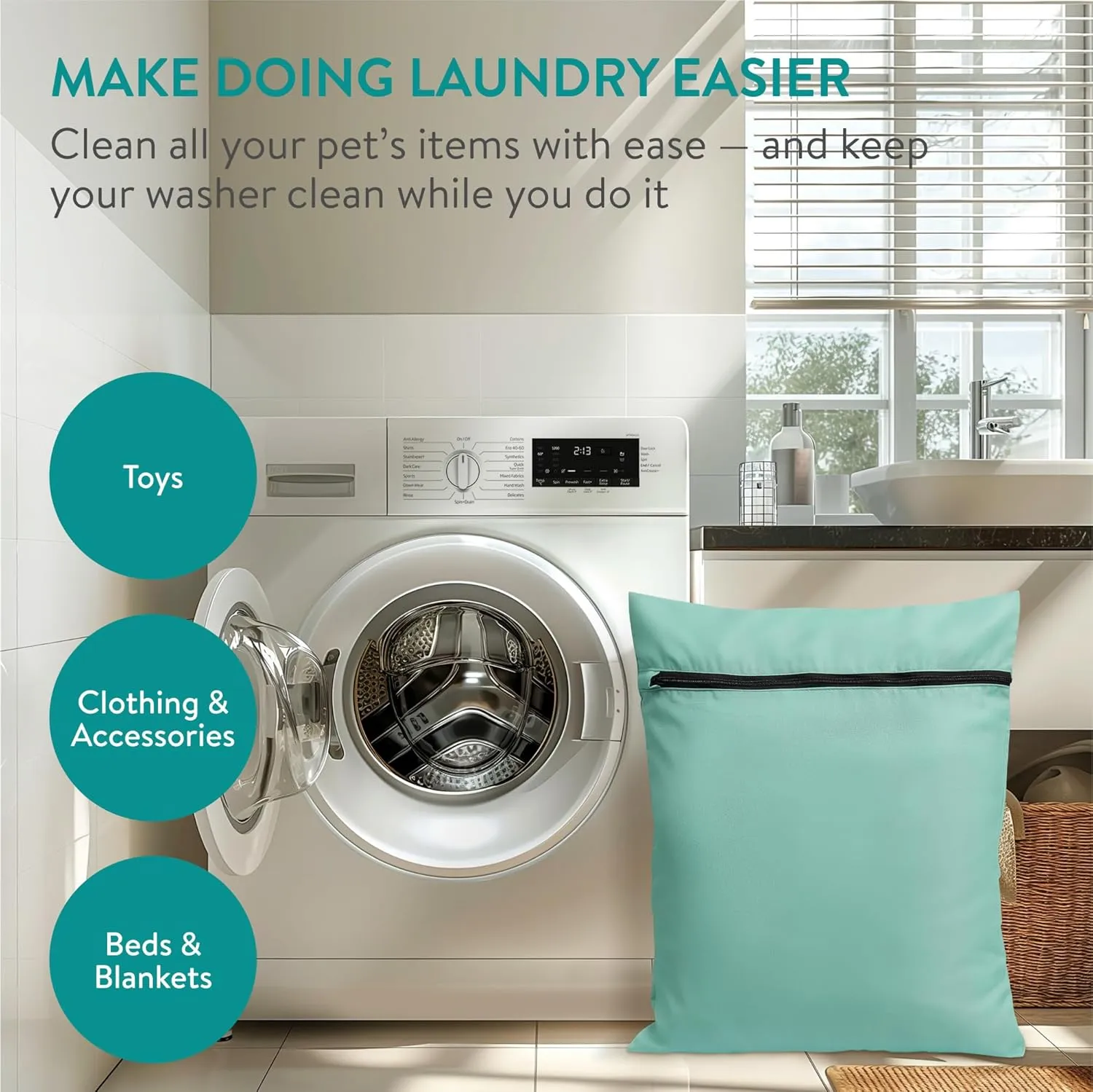 Navaris Pet Laundry Bag - Pet Hair Catcher for Washing Machine to Prevent Dog or Cat Fur Buildup - Wash Bags for Pet Towel, Blankets, Bed, or Bedding - Medium