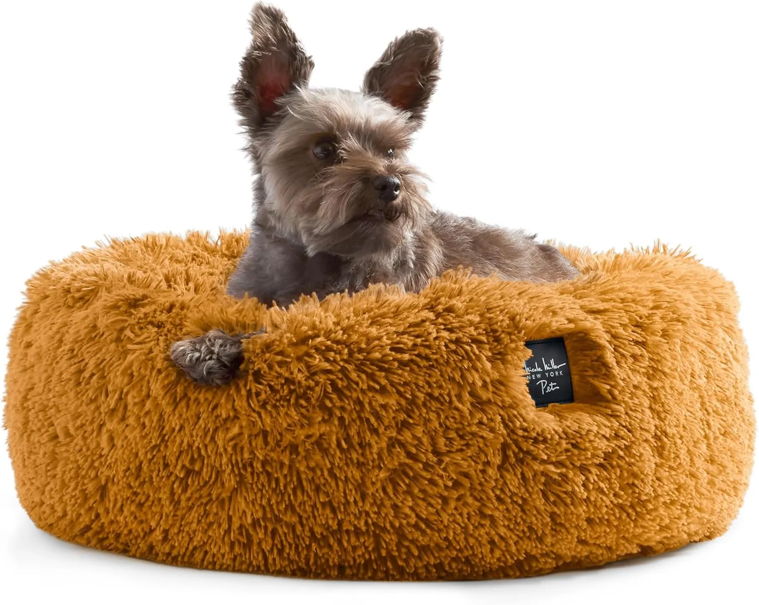 Nicole Miller New York PET Ellie Fuzzy Solid Donut Pet Bed, Plush, Cozy & Calming, Non-Slip Bottom, 100% Machine Washable, Gold, Medium 28"x28"x7" Round