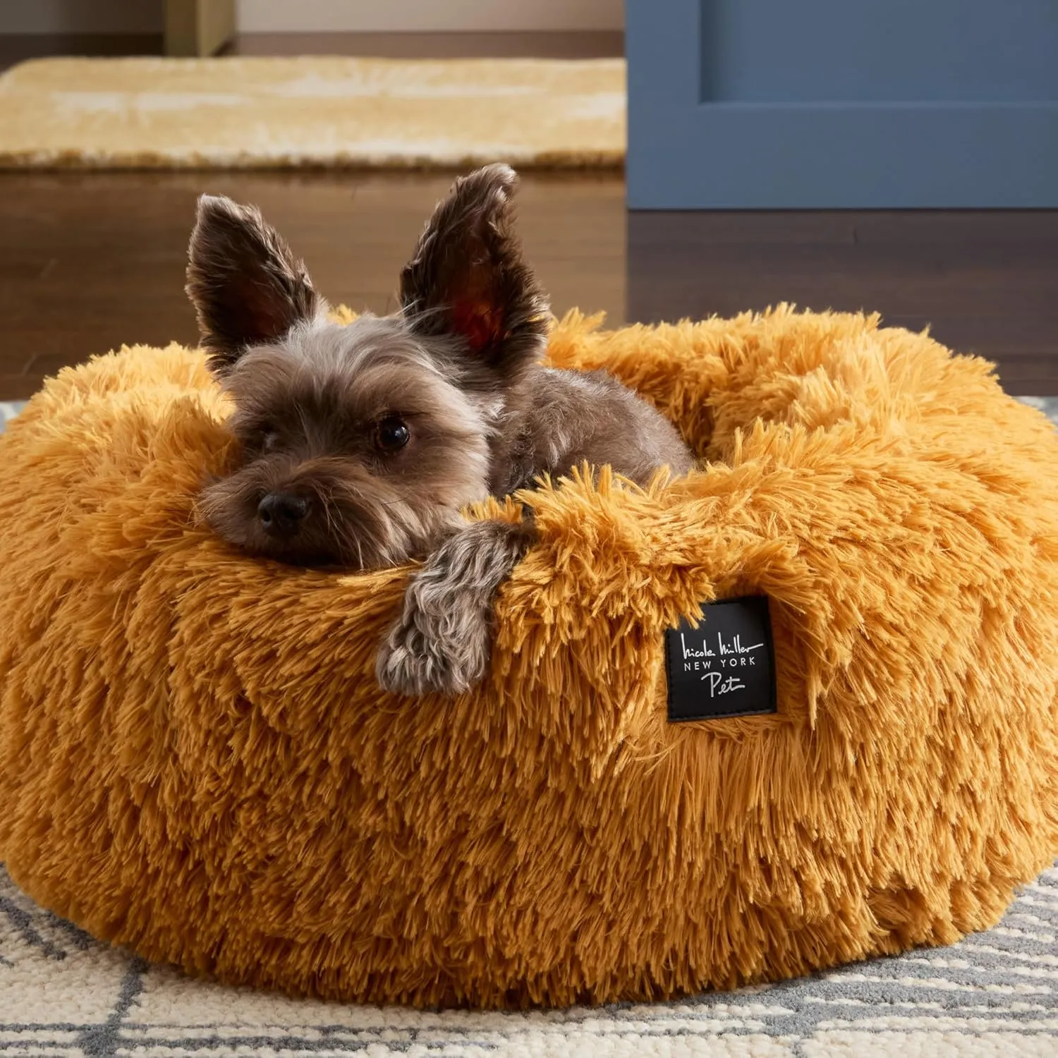 Nicole Miller New York PET Ellie Fuzzy Solid Donut Pet Bed, Plush, Cozy & Calming, Non-Slip Bottom, 100% Machine Washable, Gold, Medium 28"x28"x7" Round