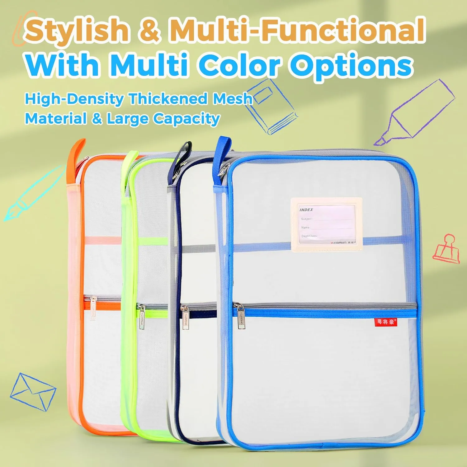 Pendancy Mesh Zipper Pouch 14.8x10.8 in Transparent Lightweight Nylon File Folders, A4 Size Multi-Layer Subject Document Organizer Accessories Storage Bag for Office and School Supplies(Blue)
