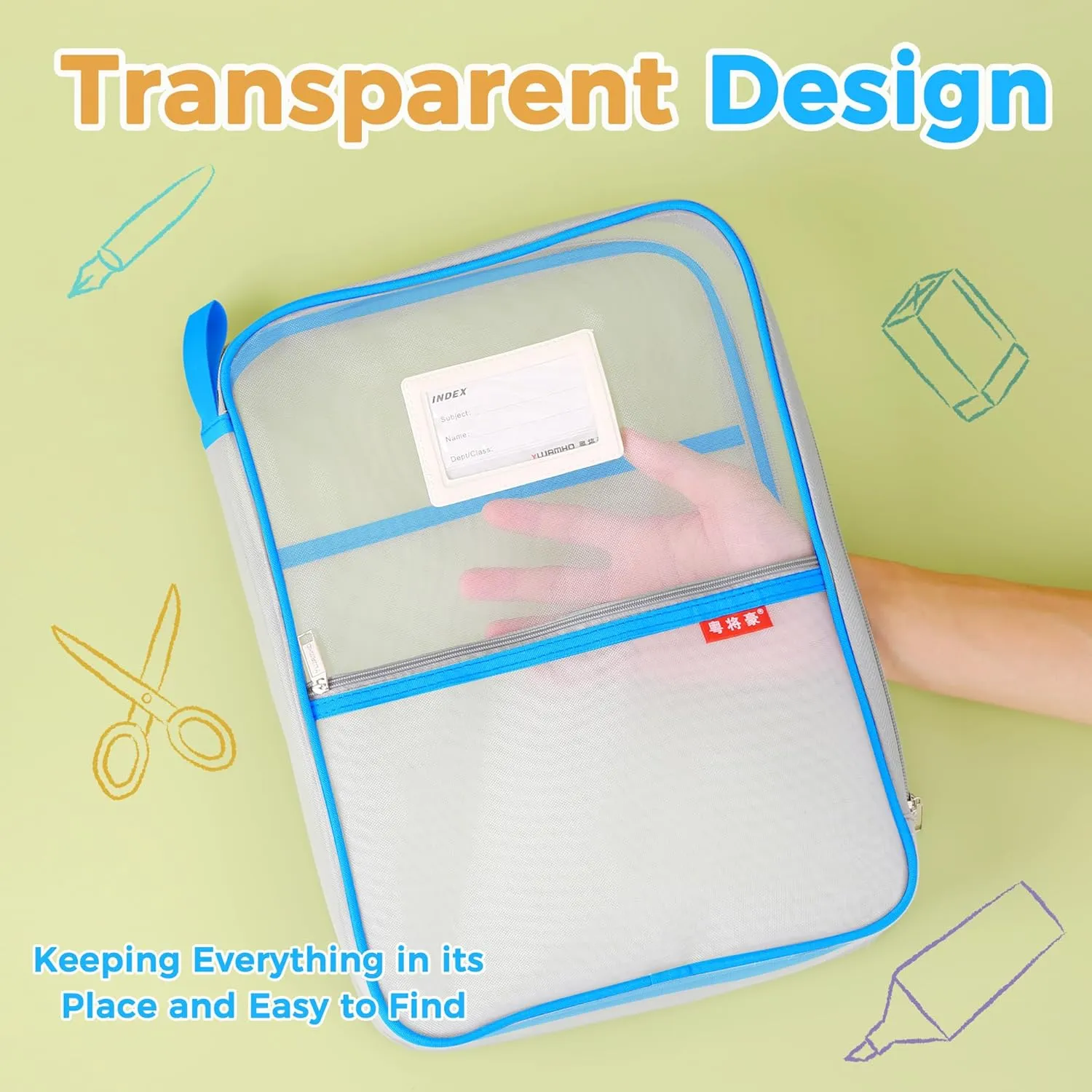 Pendancy Mesh Zipper Pouch 14.8x10.8 in Transparent Lightweight Nylon File Folders, A4 Size Multi-Layer Subject Document Organizer Accessories Storage Bag for Office and School Supplies(Blue)