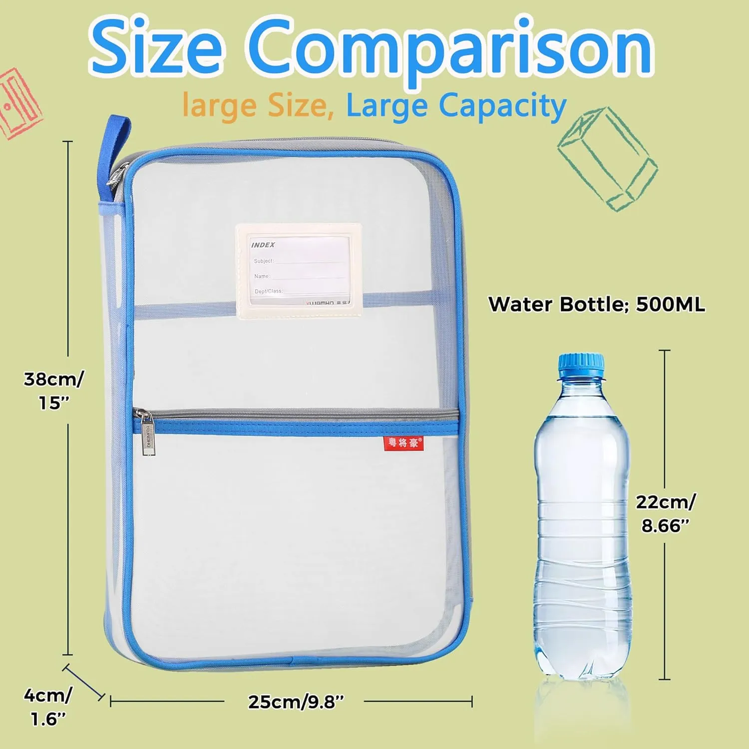 Pendancy Mesh Zipper Pouch 14.8x10.8 in Transparent Lightweight Nylon File Folders, A4 Size Multi-Layer Subject Document Organizer Accessories Storage Bag for Office and School Supplies(Blue)