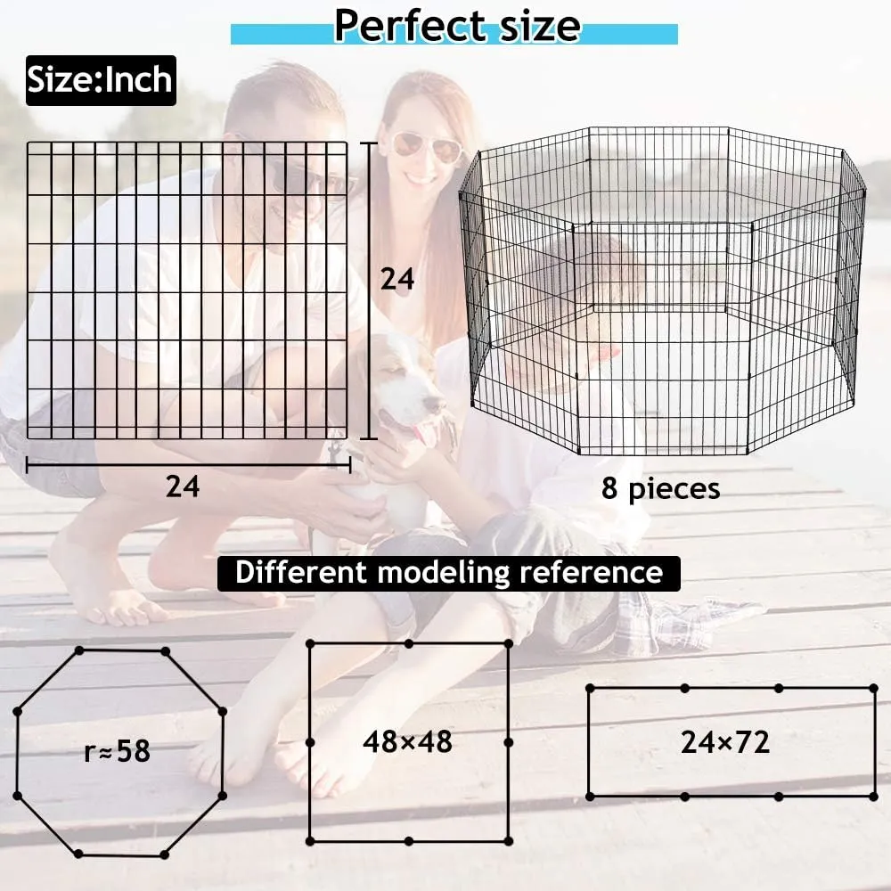 Pet Dog Playpen 8 Panel 24" Metal Portable Foldable Indoor Outdoor Cat Puppy Exercise Pen Animal Wire Yard Dog Fence Crate Kennel for Small Medium Large Dogs Black