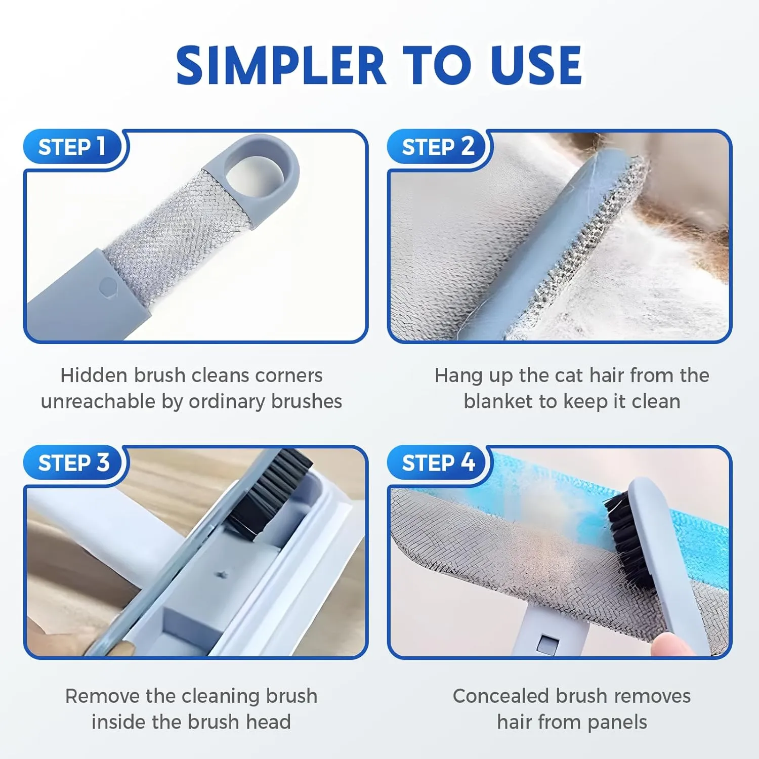 Pet Hair Remover, 2025 New 4 in 1 Washable Long Handle Pet Hair Removal Brush, Upgrade Multifunctional Reusable Lint Brush Cat Hair Remover for Furniture, Bedding (Blue 1PC)