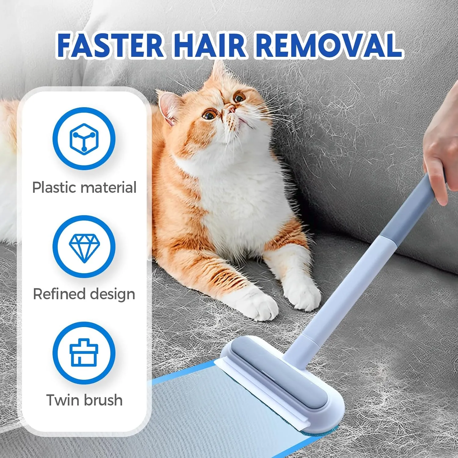 Pet Hair Remover, 2025 New 4 in 1 Washable Long Handle Pet Hair Removal Brush, Upgrade Multifunctional Reusable Lint Brush Cat Hair Remover for Furniture, Bedding (Blue 1PC)
