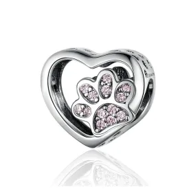 Pink CZ Paw Print in my Heart Bead Charm