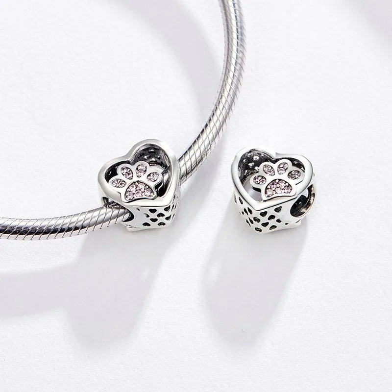 Pink CZ Paw Print in my Heart Bead Charm
