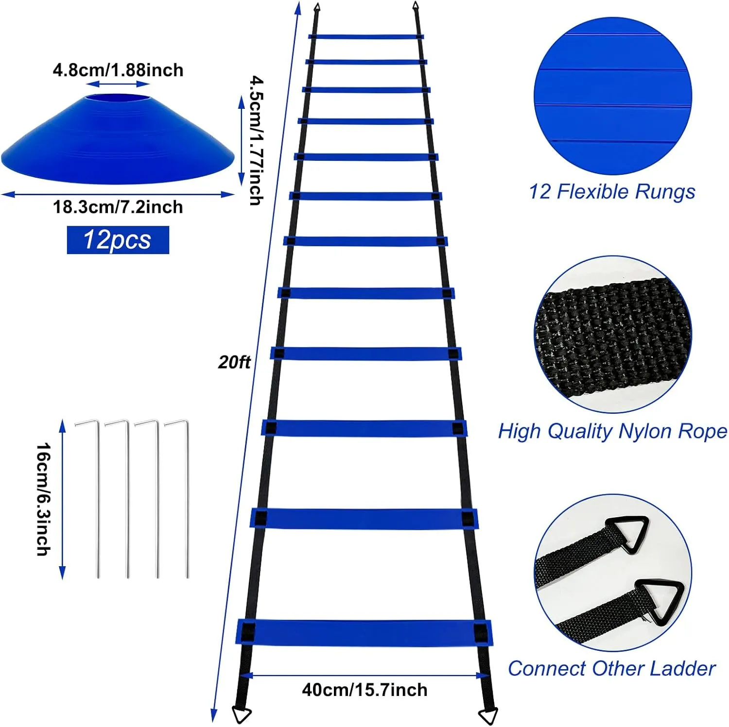 Professional Agility Ladder Speed Training Equipment Set-20ft Agility Ladder,12 Soccer Cones, 4 Agility Hurdles, Running Parachute, Suitable for Soccer Football Basketball Training