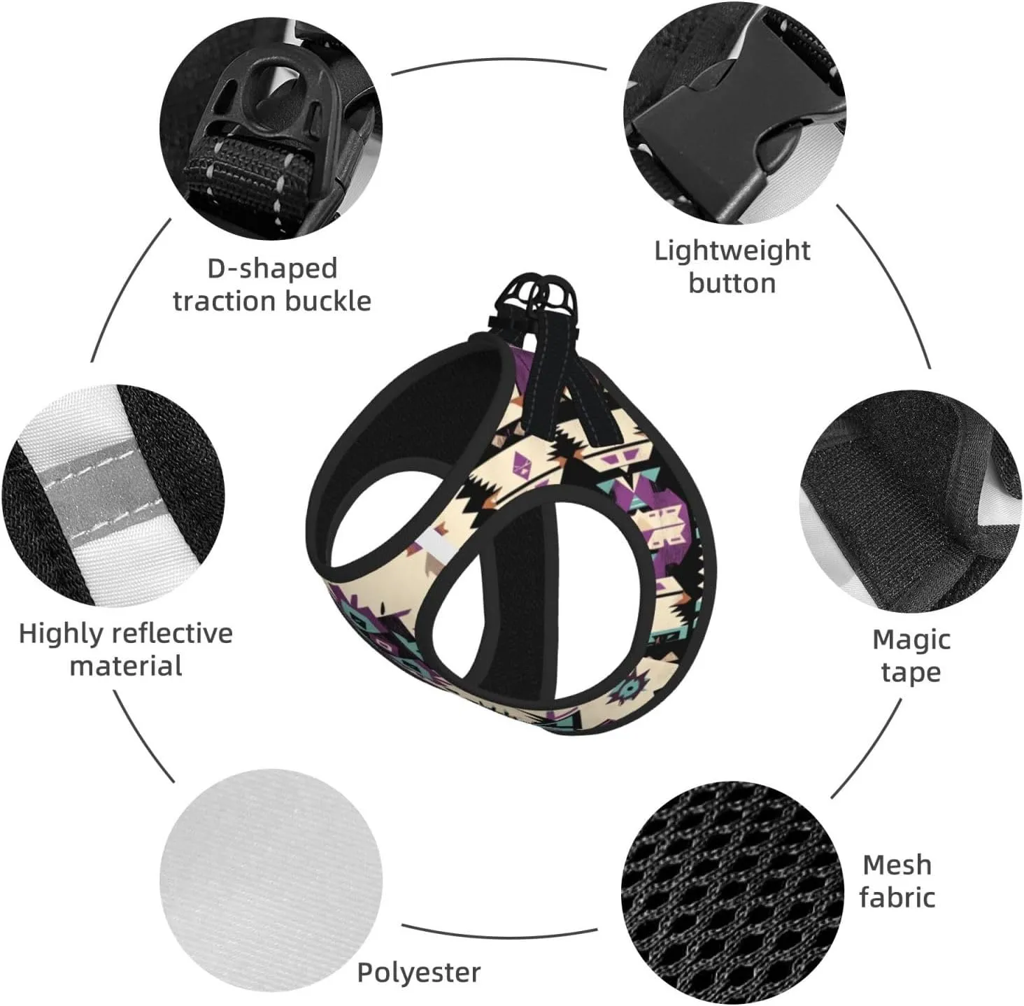 Purple Native American No Pull Dog Harness and Leash Set, Reflective Vest for Small Dogs, Adjustable Breathable Cute Soft Mesh Puppy Harness for Walking Hiking,Small