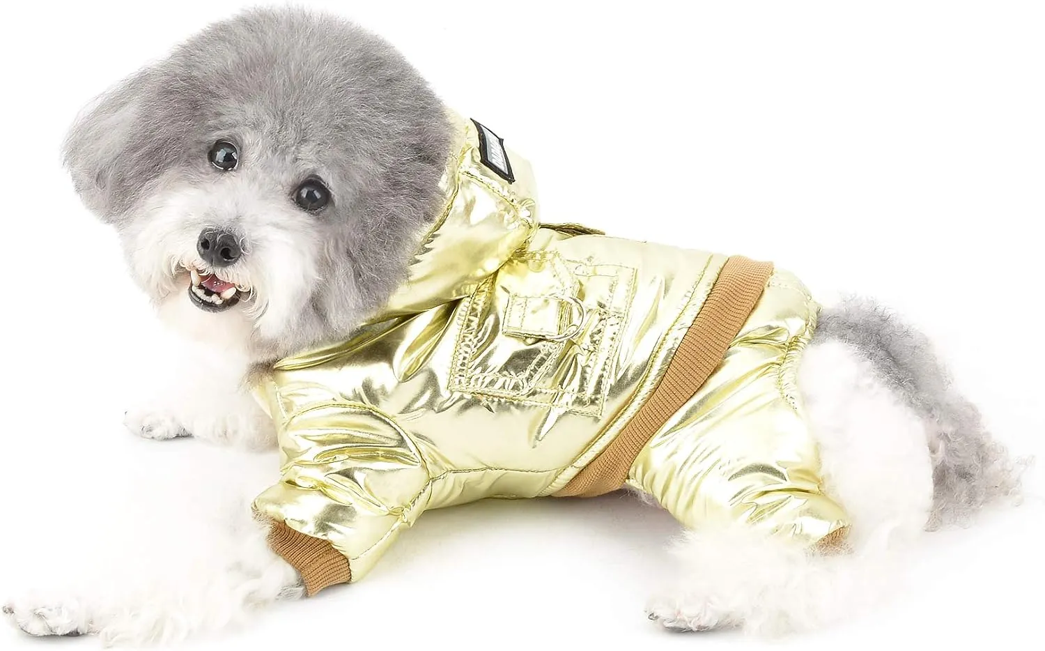 Ranphy Waterproof Pet Clothes Winter Small Dog Coat Puppy Hoodie with Leash Ring Super Soft Fleece Lined Jumpsuit Thicken Warm Padded Cold Weather Outdoor Apparel Snowsuit Snow Jacket Gold L