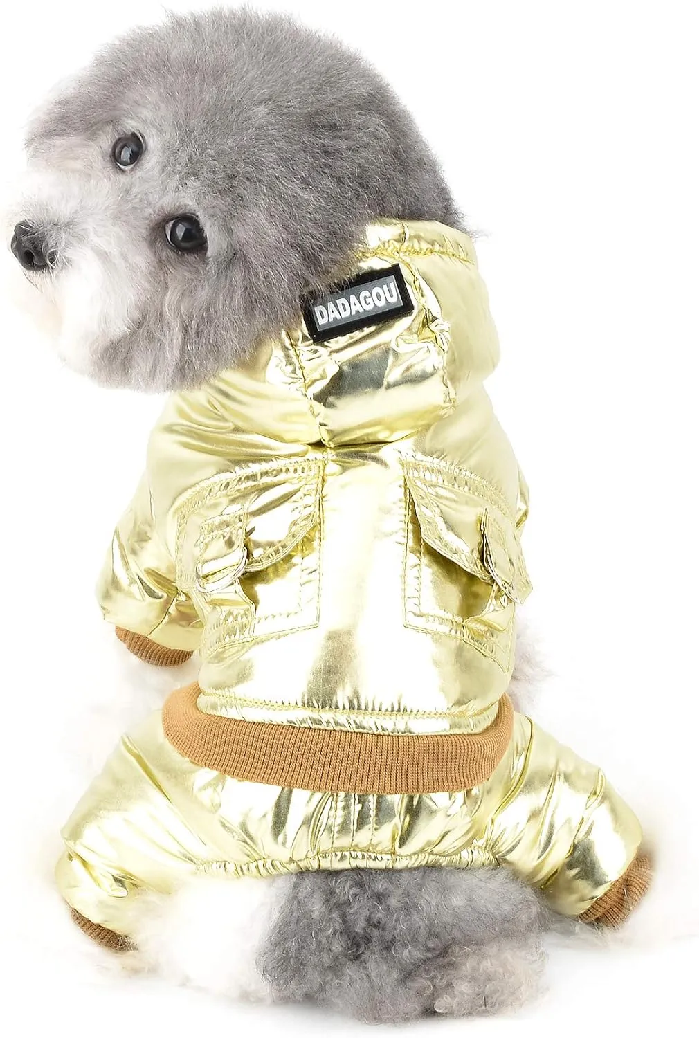 Ranphy Waterproof Pet Clothes Winter Small Dog Coat Puppy Hoodie with Leash Ring Super Soft Fleece Lined Jumpsuit Thicken Warm Padded Cold Weather Outdoor Apparel Snowsuit Snow Jacket Gold L