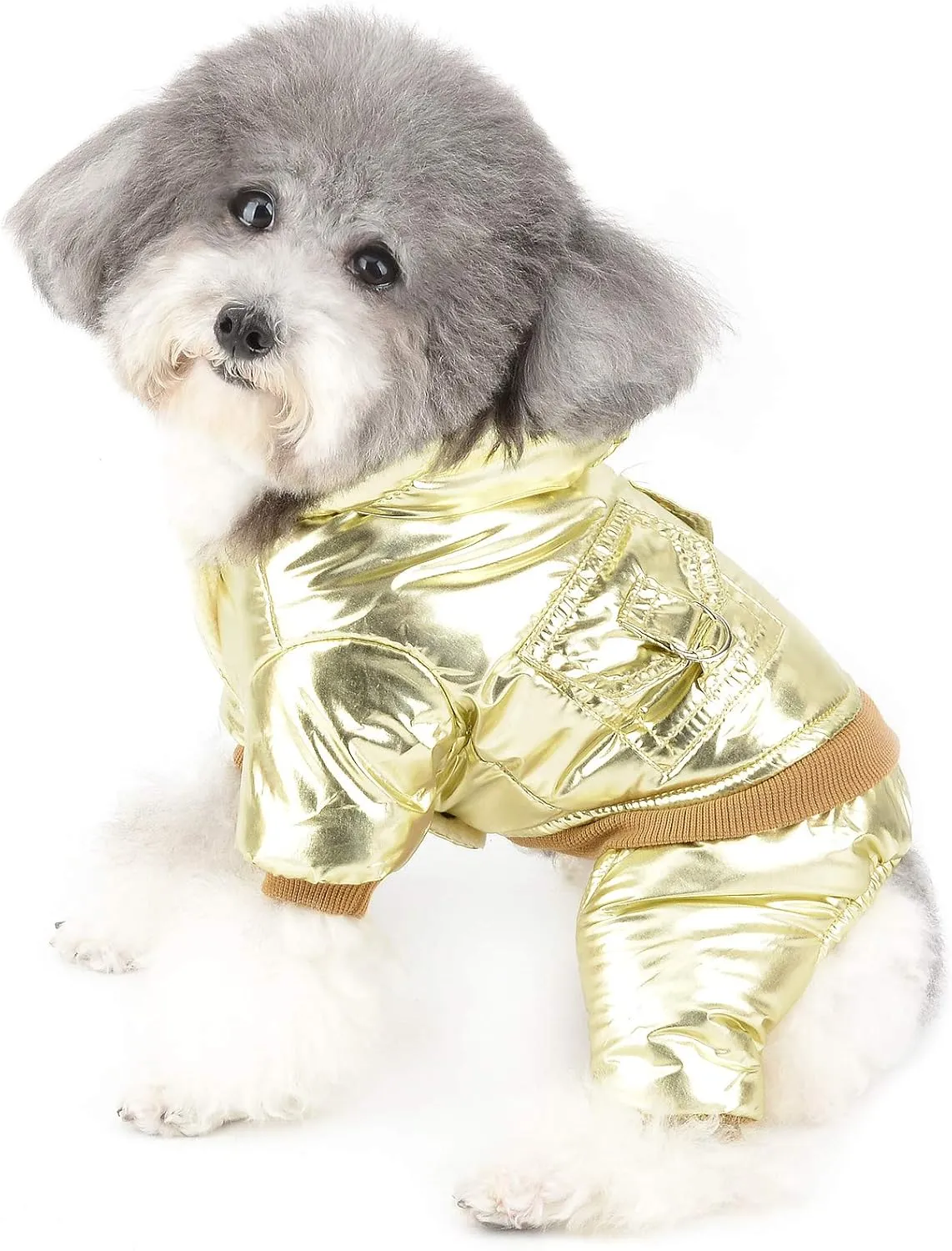 Ranphy Waterproof Pet Clothes Winter Small Dog Coat Puppy Hoodie with Leash Ring Super Soft Fleece Lined Jumpsuit Thicken Warm Padded Cold Weather Outdoor Apparel Snowsuit Snow Jacket Gold L