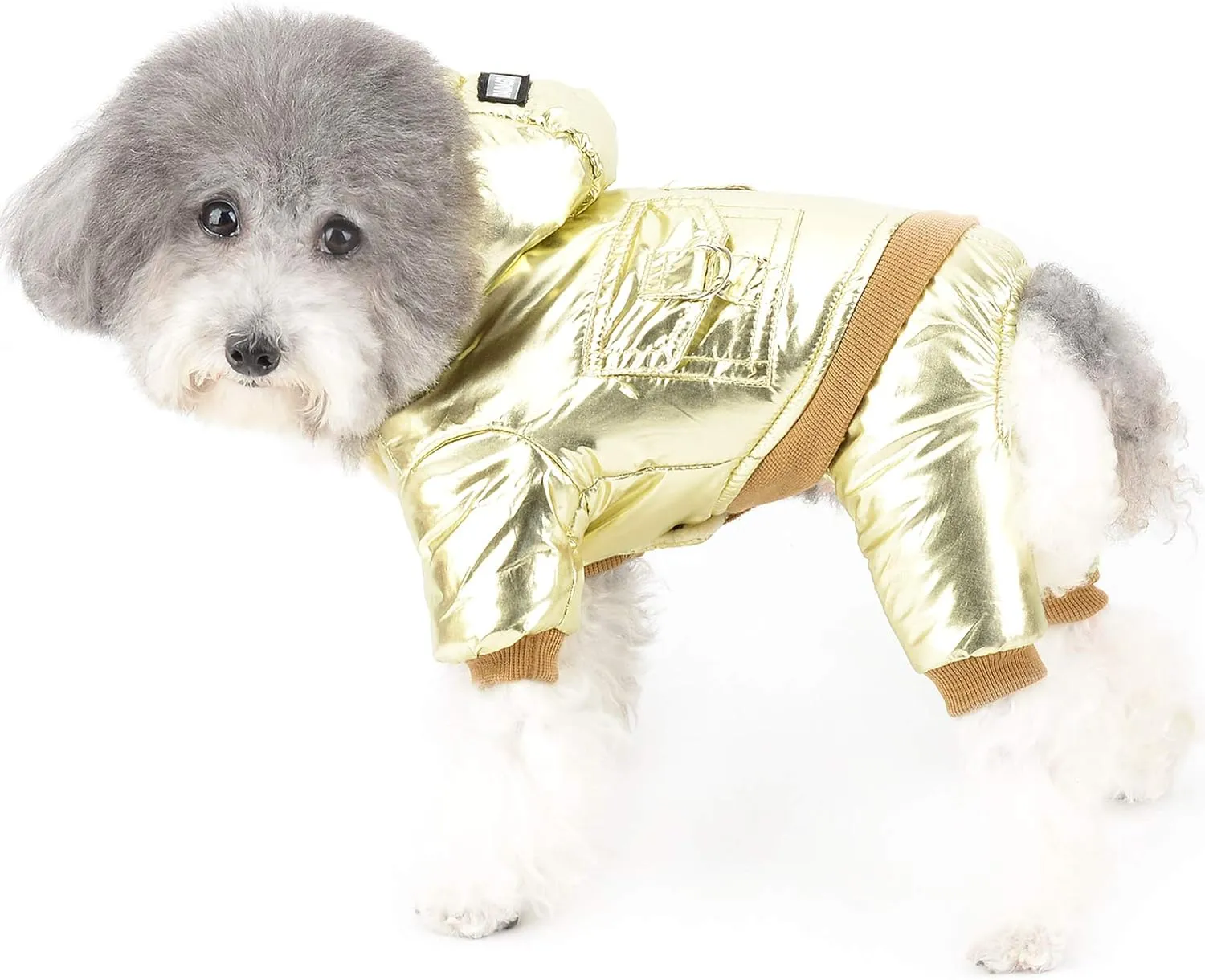 Ranphy Waterproof Pet Clothes Winter Small Dog Coat Puppy Hoodie with Leash Ring Super Soft Fleece Lined Jumpsuit Thicken Warm Padded Cold Weather Outdoor Apparel Snowsuit Snow Jacket Gold L
