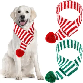 Sanwuta 2 Pcs Christmas Dog Knitted Scarf Santa Scarf Dog Bandanas with Pompom Pet Winter Neck Warmer Costume for Dress up Xmas Cute Costume(Red, White, Green)