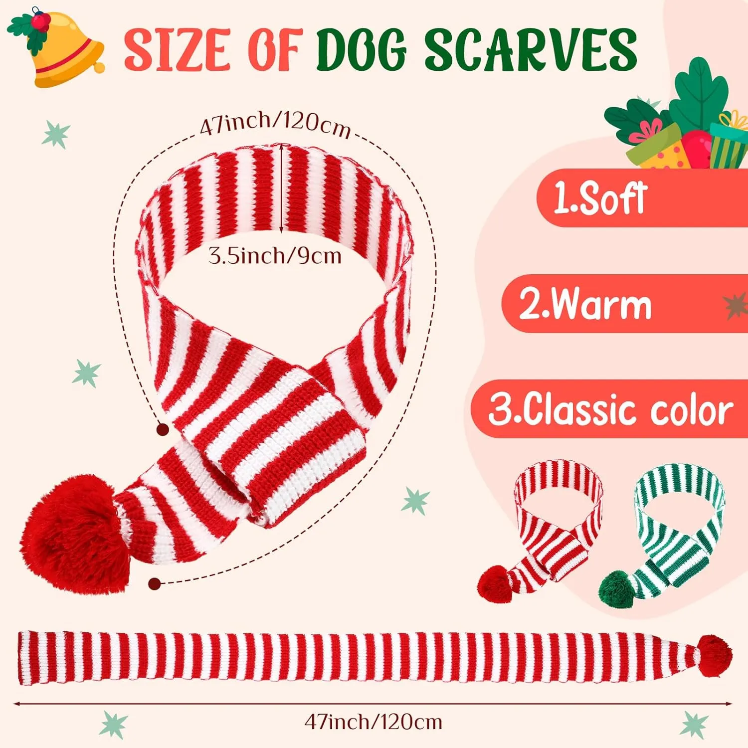 Sanwuta 2 Pcs Christmas Dog Knitted Scarf Santa Scarf Dog Bandanas with Pompom Pet Winter Neck Warmer Costume for Dress up Xmas Cute Costume(Red, White, Green)