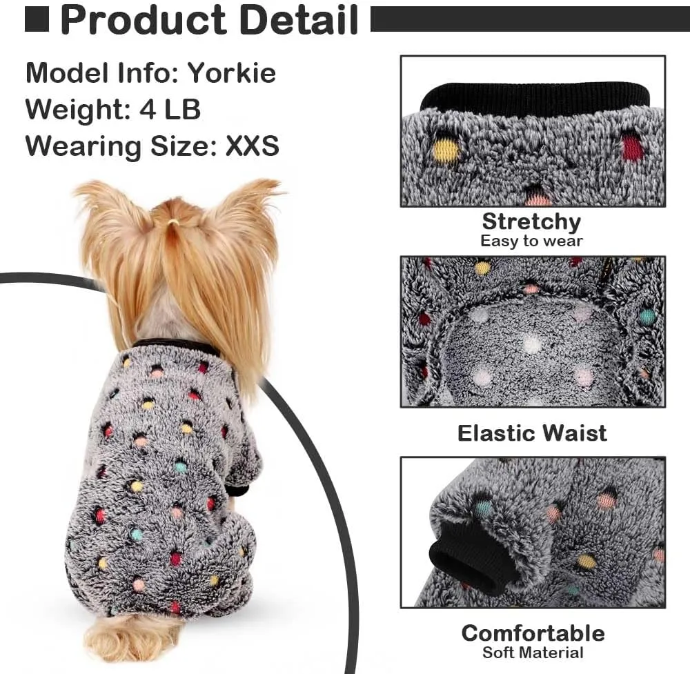 Sebaoyu Fleece Dog Sweater for Small Girl Boy Winter Cute Warm Pajamas Polka Dot Pet Clothes Puppy Yorkie Cat Tiny Outfit Pjs 4 Legs Jumpsuit(Gray,XX-Small)