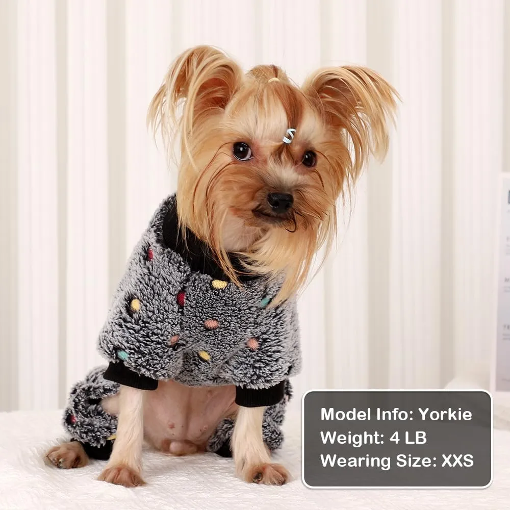 Sebaoyu Fleece Dog Sweater for Small Girl Boy Winter Cute Warm Pajamas Polka Dot Pet Clothes Puppy Yorkie Cat Tiny Outfit Pjs 4 Legs Jumpsuit(Gray,XX-Small)