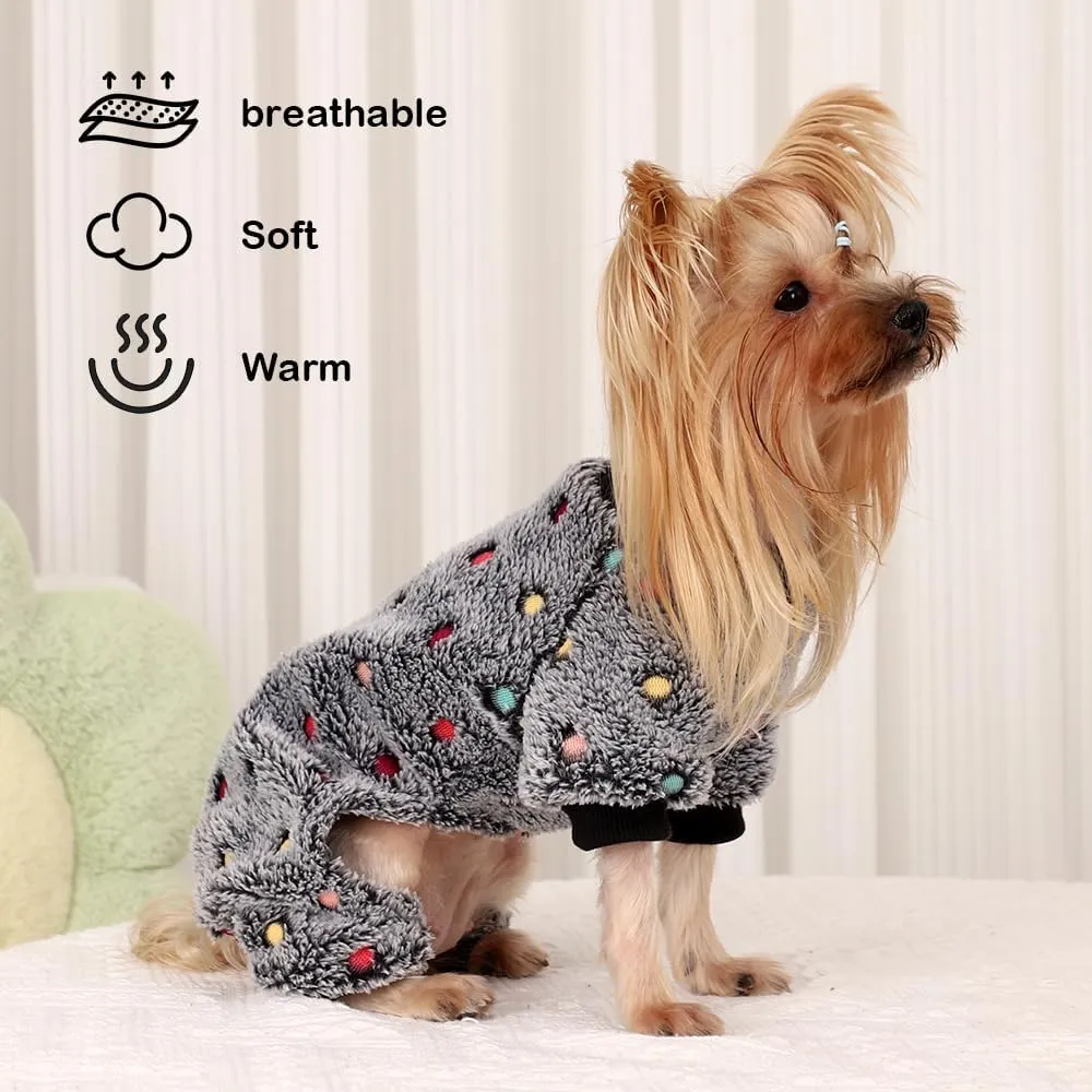 Sebaoyu Fleece Dog Sweater for Small Girl Boy Winter Cute Warm Pajamas Polka Dot Pet Clothes Puppy Yorkie Cat Tiny Outfit Pjs 4 Legs Jumpsuit(Gray,XX-Small)