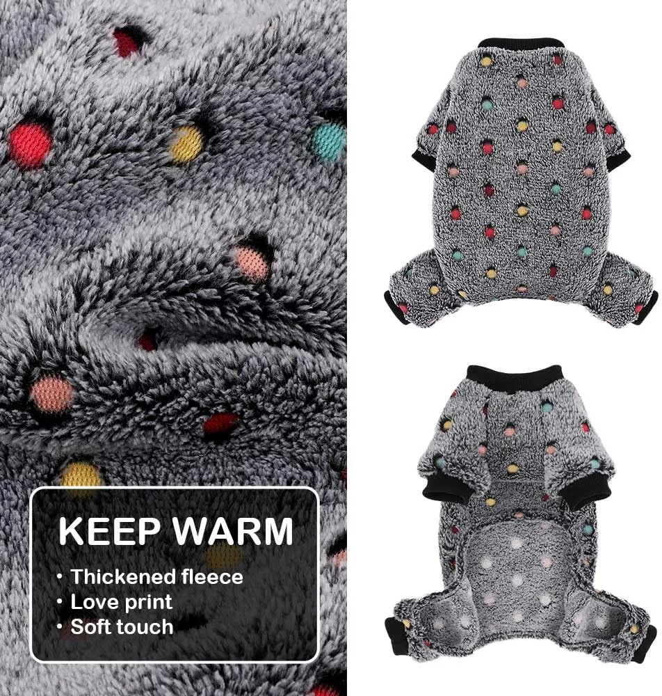 Sebaoyu Fleece Dog Sweater for Small Girl Boy Winter Cute Warm Pajamas Polka Dot Pet Clothes Puppy Yorkie Cat Tiny Outfit Pjs 4 Legs Jumpsuit(Gray,XX-Small)