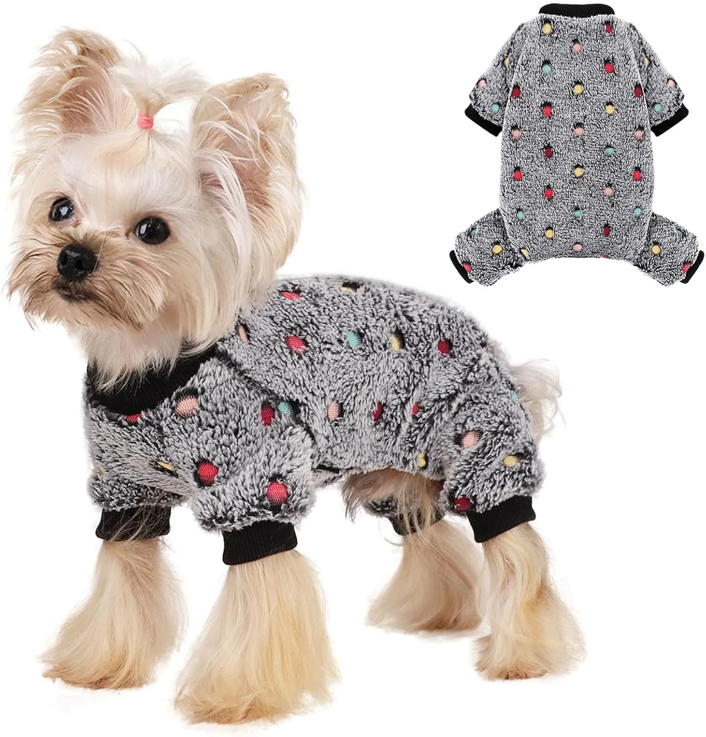 Sebaoyu Fleece Dog Sweater for Small Girl Boy Winter Cute Warm Pajamas Polka Dot Pet Clothes Puppy Yorkie Cat Tiny Outfit Pjs 4 Legs Jumpsuit(Gray,XX-Small)