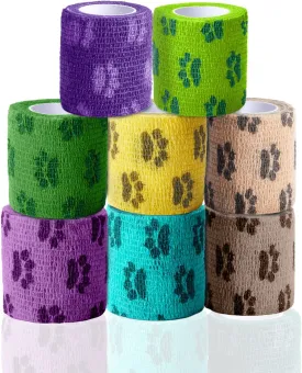 Self-Adhesive Vet Bandage Wrap, First Aid Tape for Dogs, Horses Wound Paw Care, Elastic & Thick Support for Pet, FSA & HSA Eligible, Individually Wrapped, 2 Inch, 8 Rolls, Woodland Paw