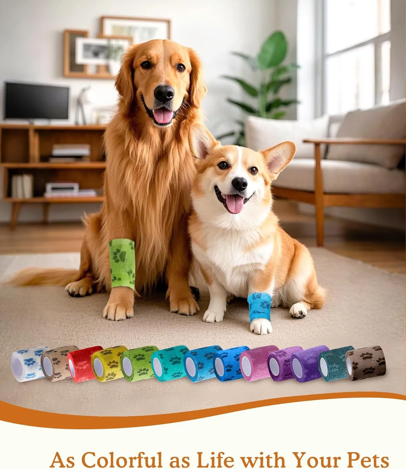 Self-Adhesive Vet Bandage Wrap, First Aid Tape for Dogs, Horses Wound Paw Care, Elastic & Thick Support for Pet, FSA & HSA Eligible, Individually Wrapped, 2 Inch, 8 Rolls, Woodland Paw