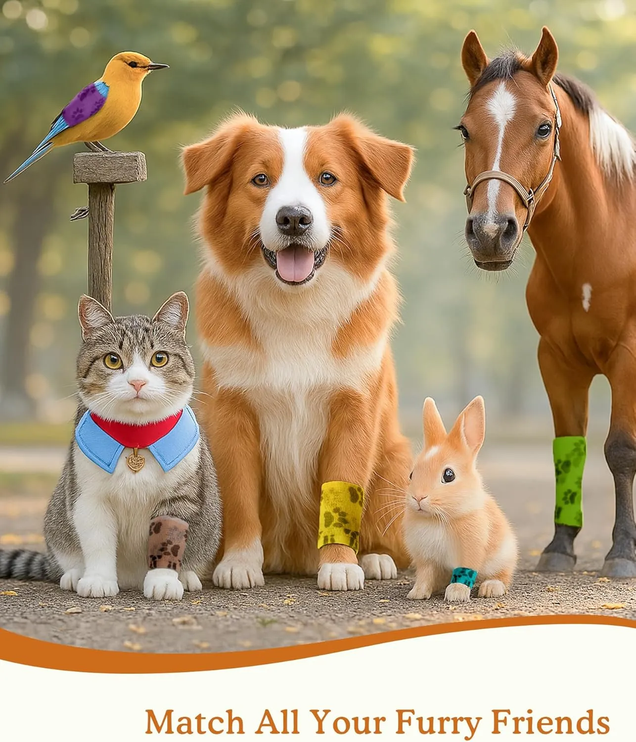 Self-Adhesive Vet Bandage Wrap, First Aid Tape for Dogs, Horses Wound Paw Care, Elastic & Thick Support for Pet, FSA & HSA Eligible, Individually Wrapped, 2 Inch, 8 Rolls, Woodland Paw