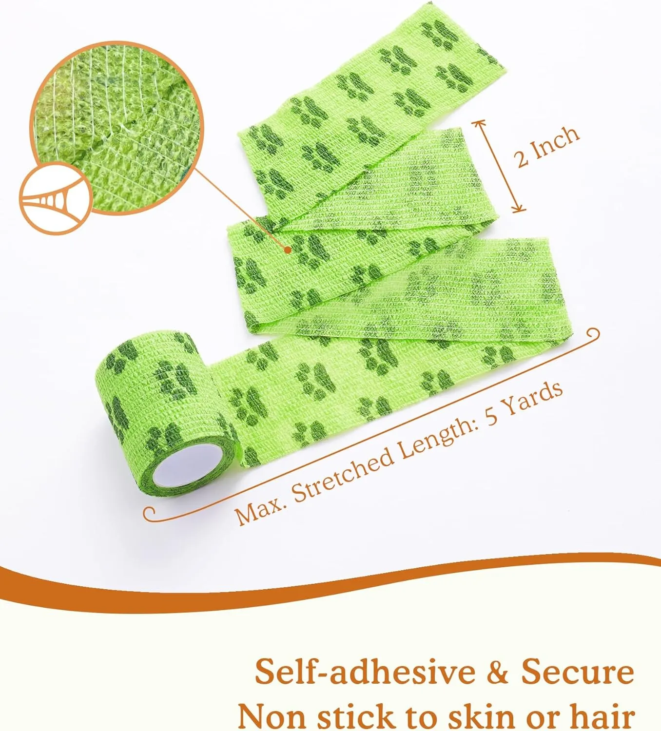 Self-Adhesive Vet Bandage Wrap, First Aid Tape for Dogs, Horses Wound Paw Care, Elastic & Thick Support for Pet, FSA & HSA Eligible, Individually Wrapped, 2 Inch, 8 Rolls, Woodland Paw