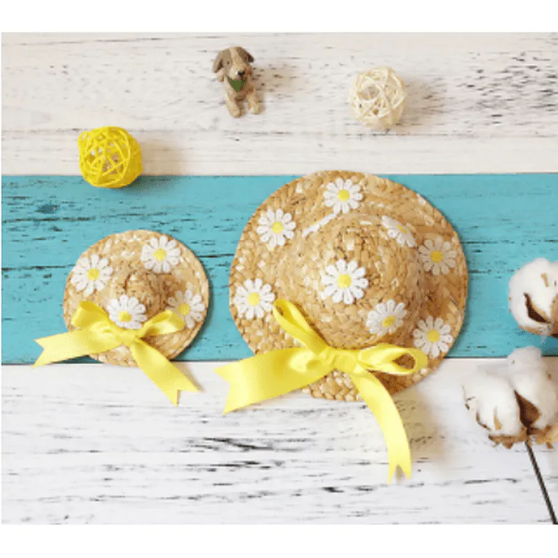 Summer Straw Pet Hat Daisy w/Yellow Bow