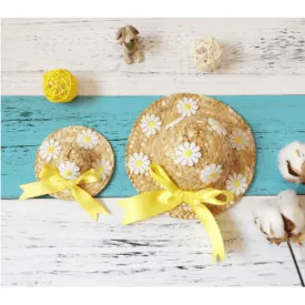 Summer Straw Pet Hat Daisy w/Yellow Bow
