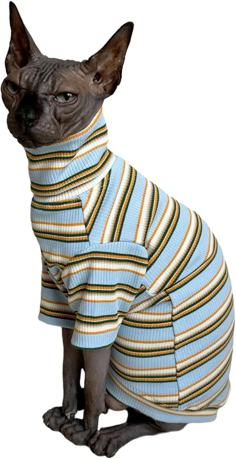 Turtle Neck Vintage Stripes Sphynx Hairless Cat Cotton T-Shirts Pet Clothes Vest Kitten Shirts Sleeveless, Cats & Small Dogs Apparel (Light Blue,XL (9-12.5 lbs))