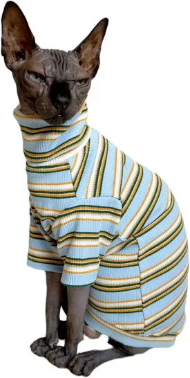 Turtle Neck Vintage Stripes Sphynx Hairless Cat Cotton T-Shirts Pet Clothes Vest Kitten Shirts Sleeveless, Cats & Small Dogs Apparel (Light Blue,XL (9-12.5 lbs))