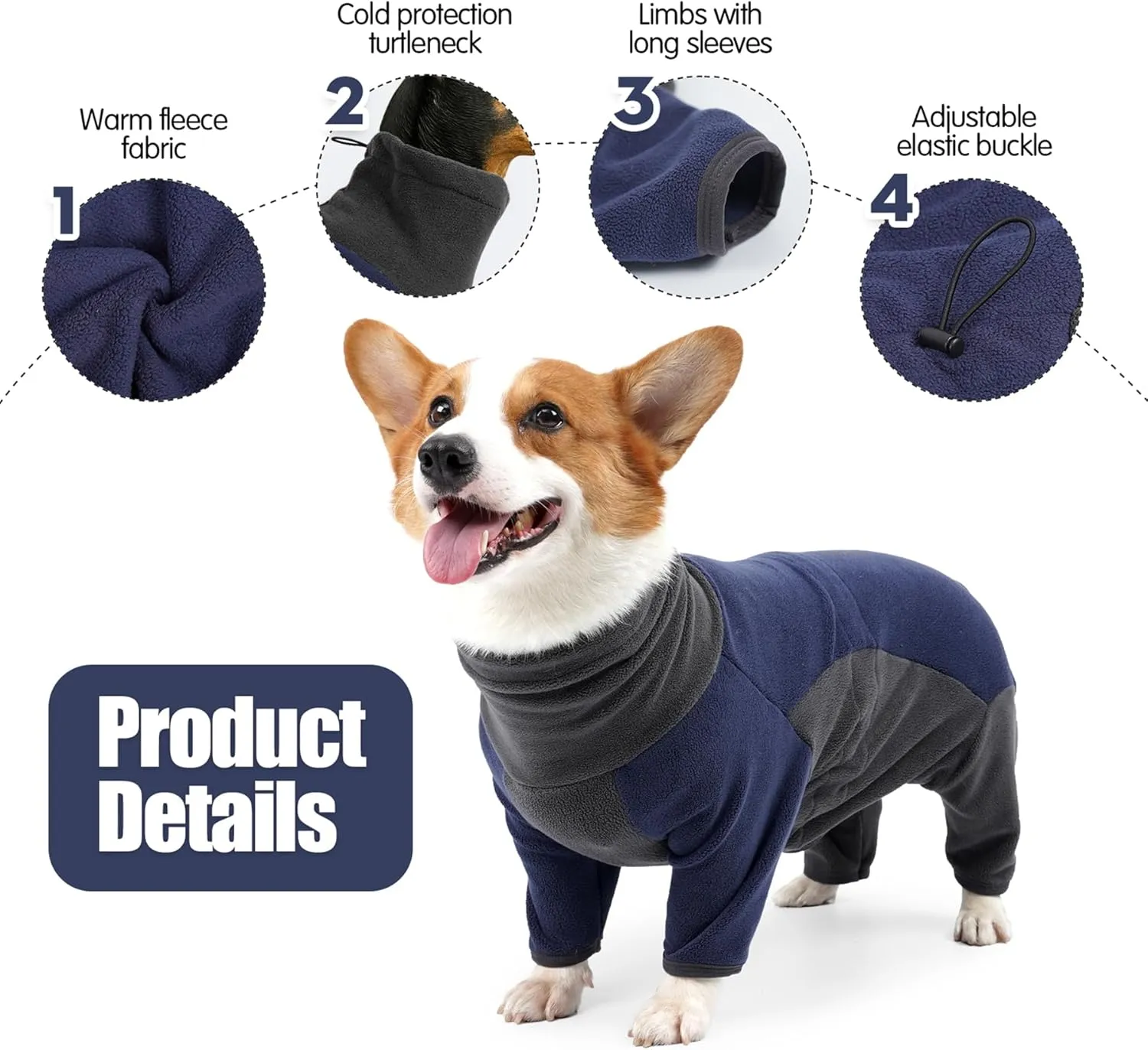 Winter Coat - Warm Fleece Dog Jacket, Full Body Pajamas Onesie for Medium to Large Dogs. Windproof, Cold Weather Protection. Small Size, Blue Color.