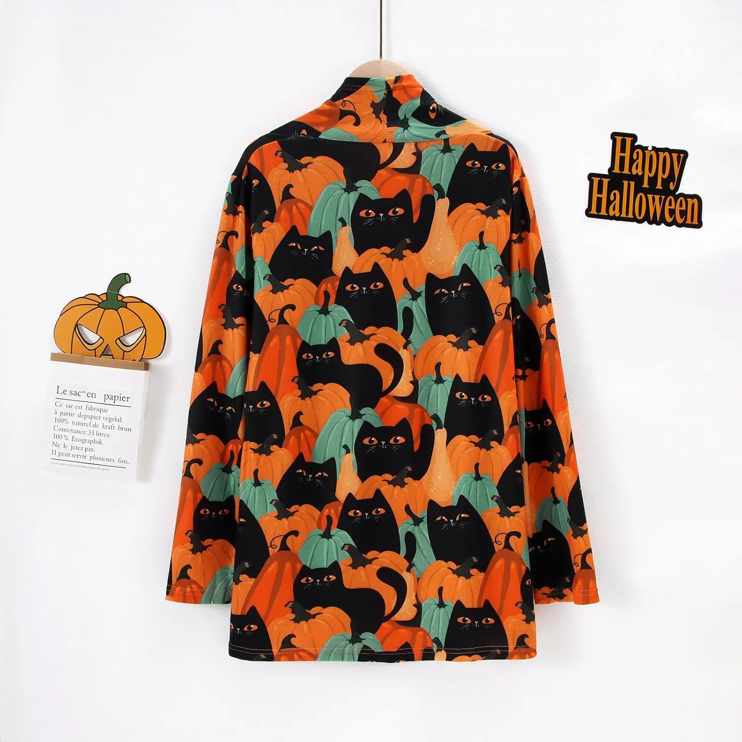 Women's Halloween Pumpkin Cat Print Knitting Cardigan Long Sleeve Open Front Knitted Sweater Outwear Coat Tops (Deep Gray
