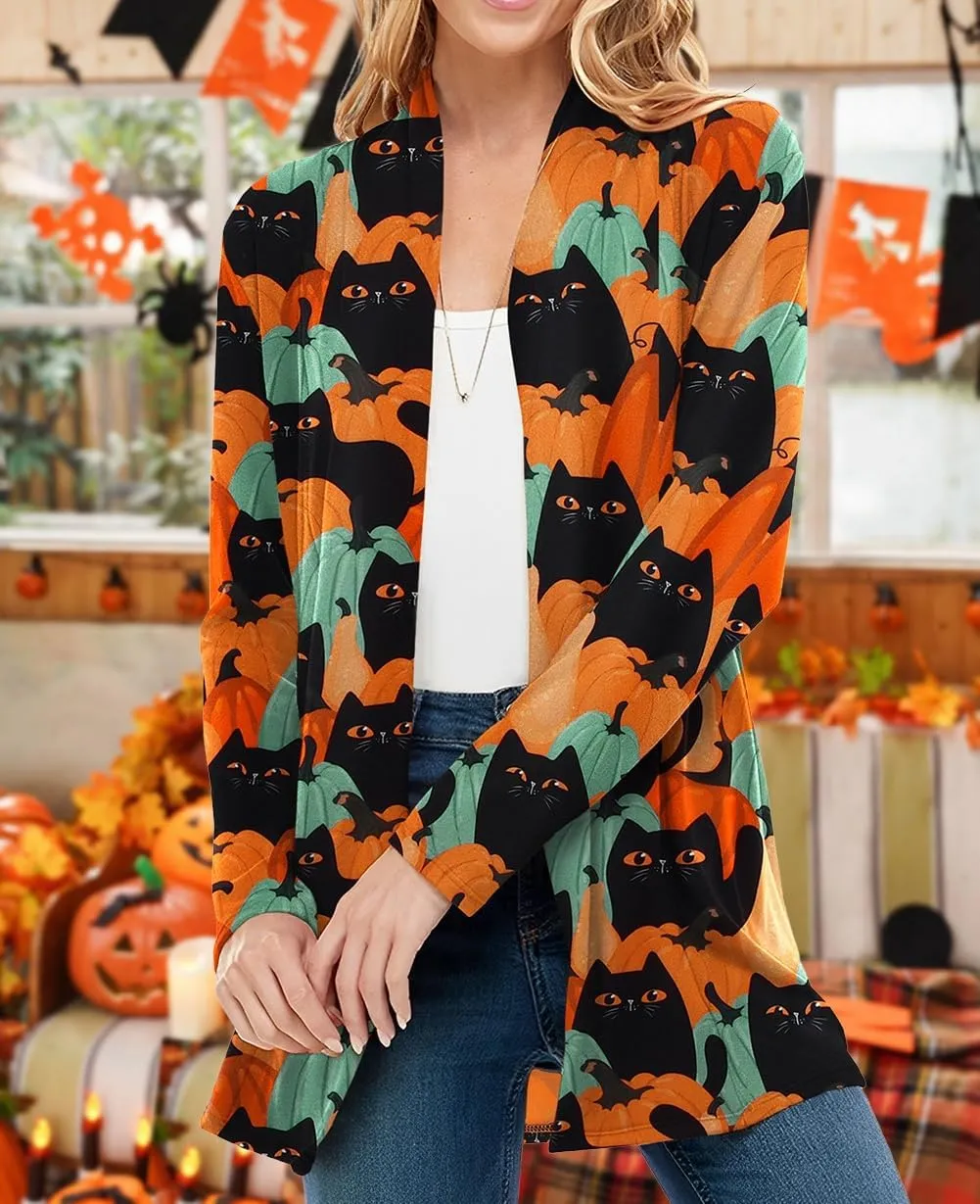 Women's Halloween Pumpkin Cat Print Knitting Cardigan Long Sleeve Open Front Knitted Sweater Outwear Coat Tops (Deep Gray