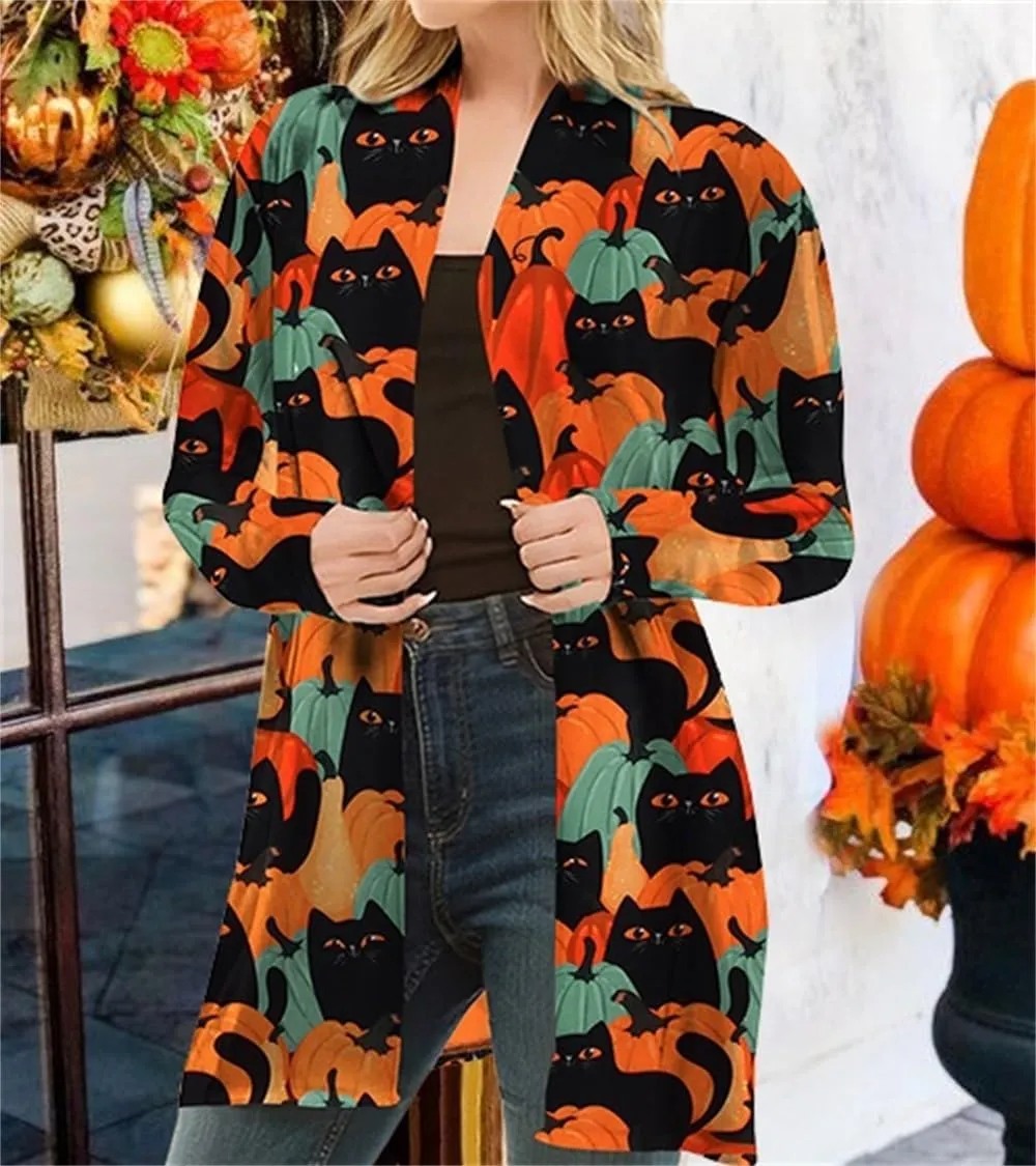 Women's Halloween Pumpkin Cat Print Knitting Cardigan Long Sleeve Open Front Knitted Sweater Outwear Coat Tops (Deep Gray