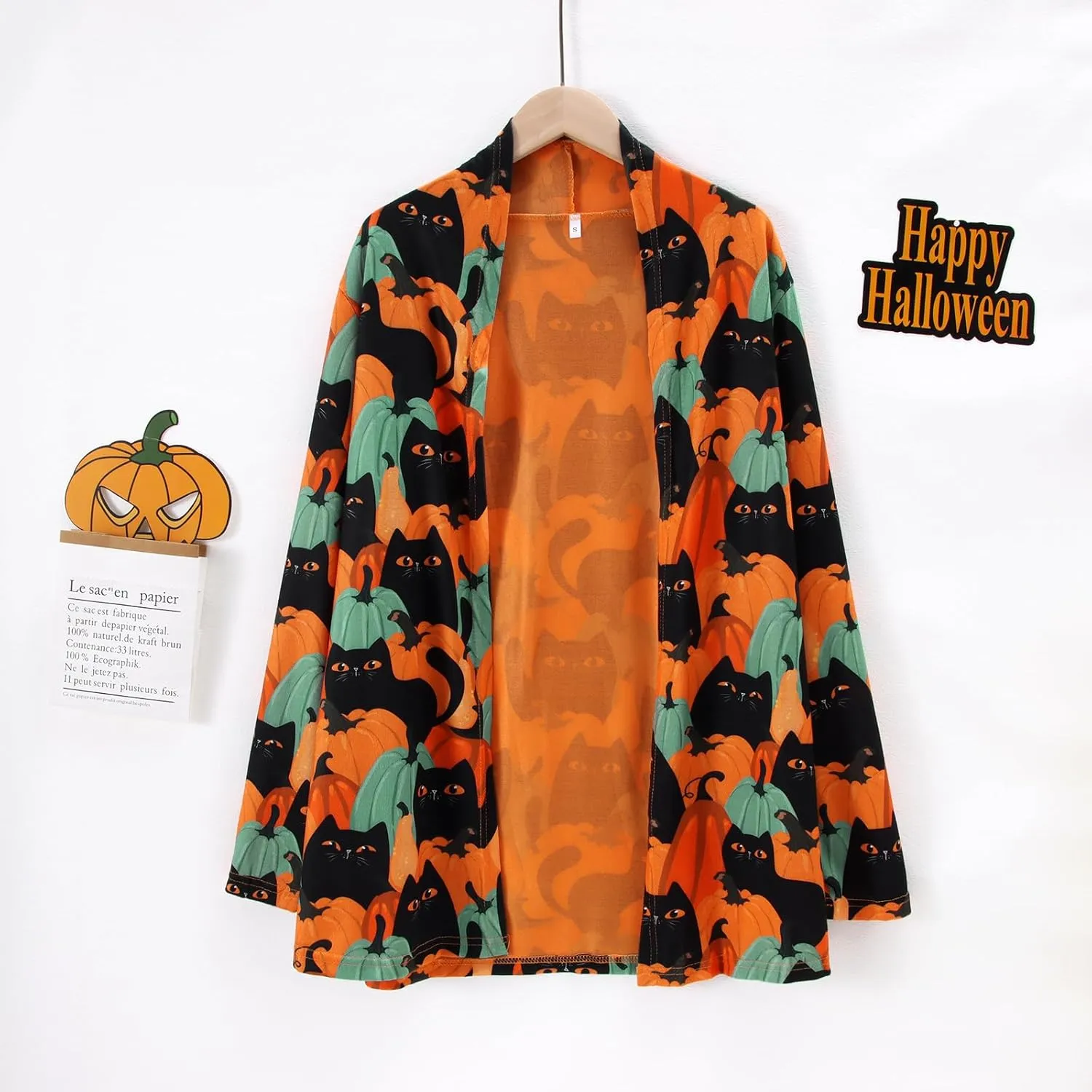 Women's Halloween Pumpkin Cat Print Knitting Cardigan Long Sleeve Open Front Knitted Sweater Outwear Coat Tops (Deep Gray