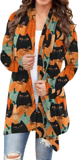 Women's Halloween Pumpkin Cat Print Knitting Cardigan Long Sleeve Open Front Knitted Sweater Outwear Coat Tops (Deep Gray